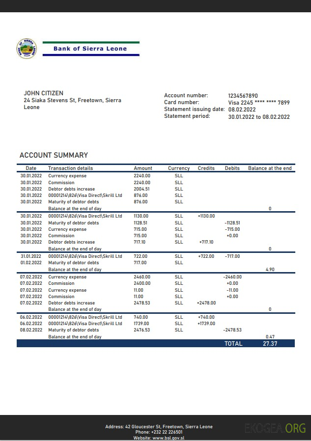 Relevé bancaire de la Sierra Leone Bank de Sierra Leone